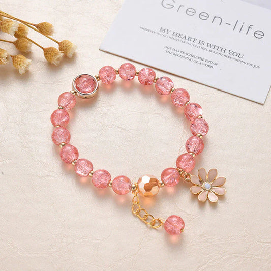 Roze steen en madeliefjes armband
