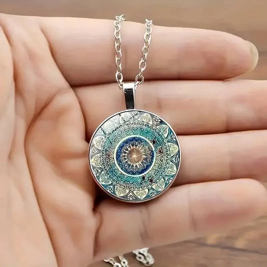Vintage blauwe ronde mandala ketting